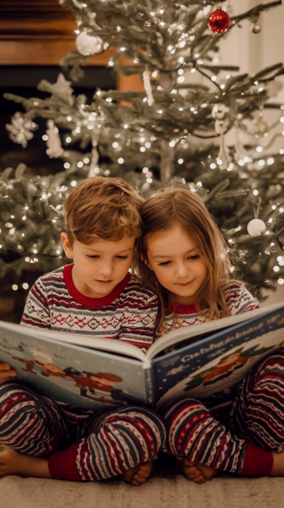 Brother and sister sitting by the Christmas tree reading a holiday storybook in matching pajamas.