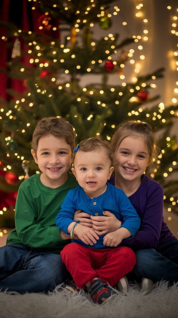 Older brother and sister holding their baby sibling in front of a Christmas tree with golden lights, smiling warmly at the camera.