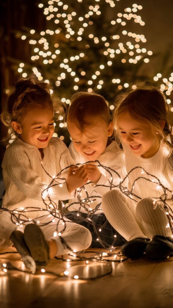 Three young siblings sitting on the floor wrapped in glowing Christmas string lights, smiling in front of a softly lit tree