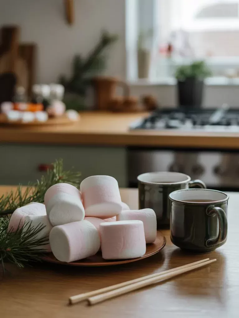 Flat lay of marshmallows, cocoa mugs, and holiday decor for a Christmas party game.