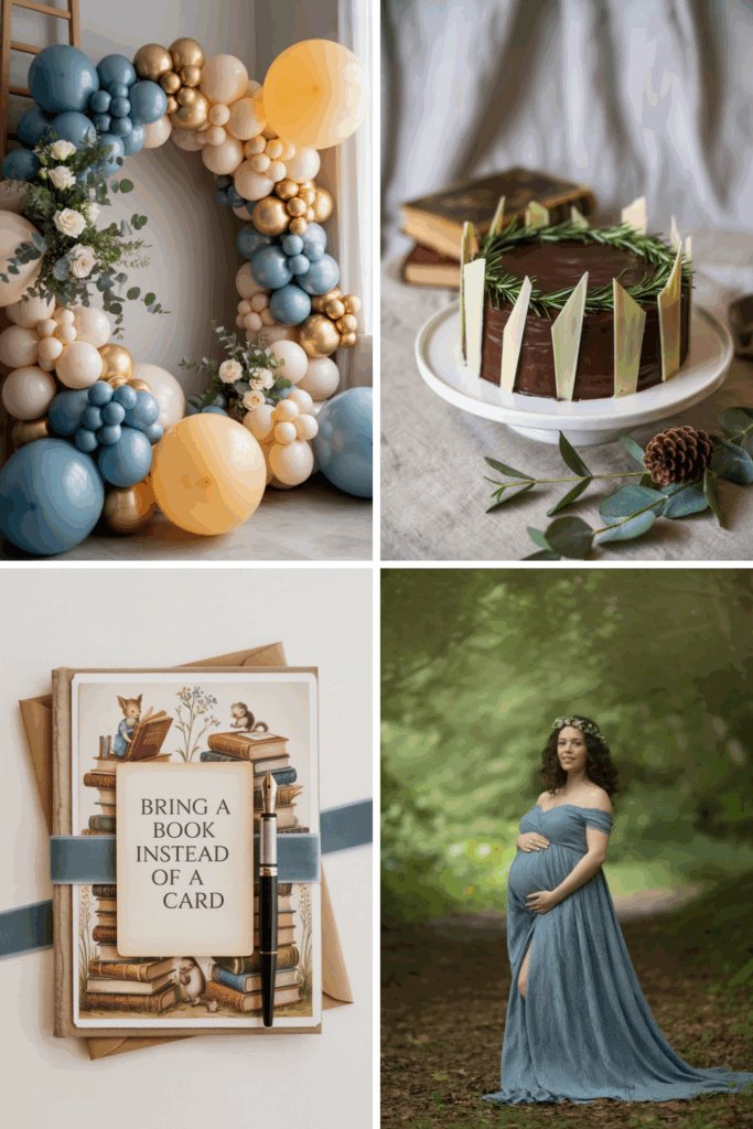 Storybook-inspired twin baby shower collage with vintage books, pastel florals, and gold frame decor