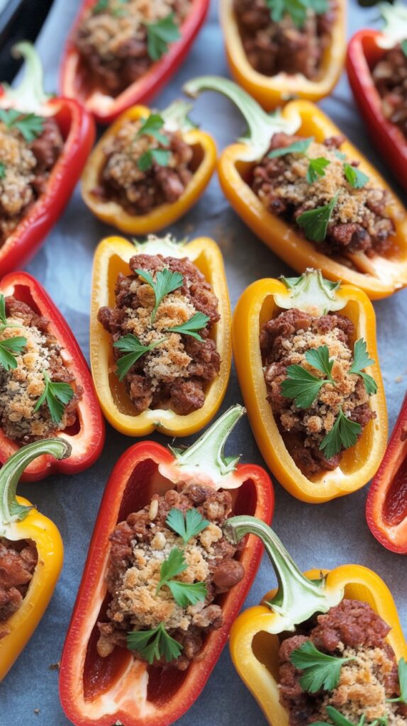 Mini red and yellow bell peppers stuffed with a savory meat and breadcrumb mixture, topped with fresh parsley and arranged on a baking sheet for a colorful party appetizer.