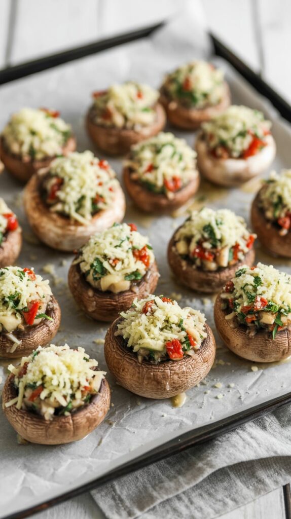 Stuffed mushrooms filled with a savory mixture of cheese, herbs, and diced red peppers, arranged on a parchment-lined baking sheet — ready to bake for a cozy fall appetizer.