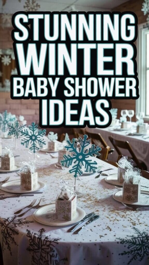 Winter baby shower table setting with white linens, glitter accents, and blue snowflake centerpieces — perfect for a festive and cozy celebration