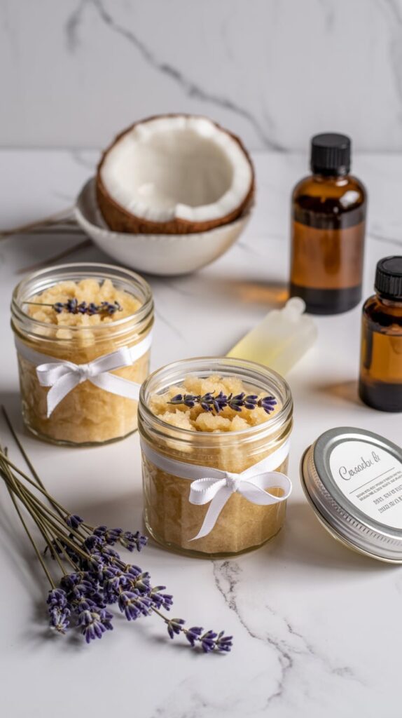 “Jars of homemade sugar scrub with ribbons and essential oils on a marble surface.”
