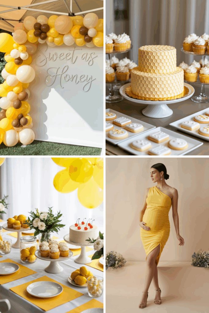 Honey-themed twin baby shower collage with amber glass, honeycomb decor, and rustic golden tones