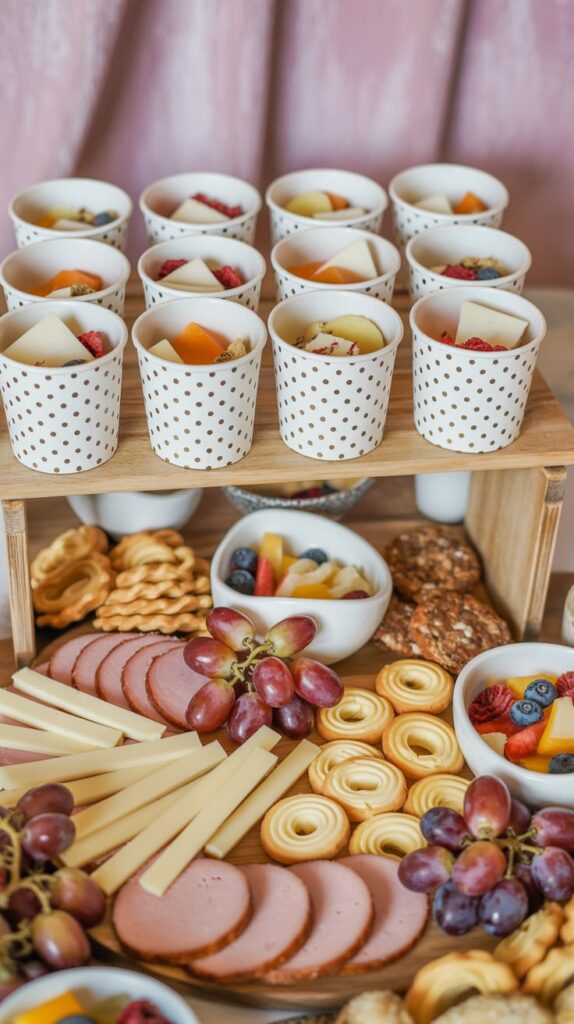 Birthday party food table with mini sandwiches, fruit kabobs, and cupcakes for toddlers.