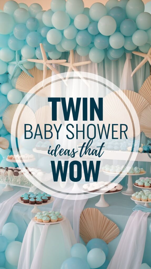 Elegant twin baby shower dessert table with blue balloon arch, cupcakes, and ocean-inspired decorations