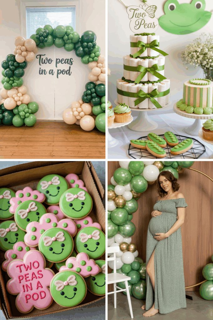 Classic twin baby shower collage with soft green pea pod decor and simple garden-inspired accents