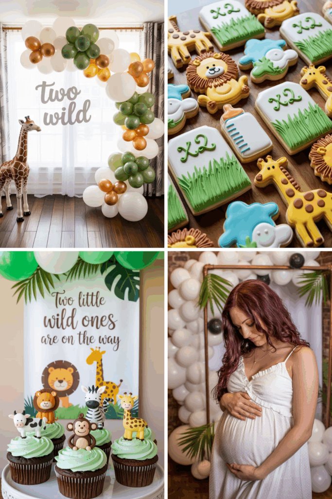 Boho safari twin baby shower collage with pampas grass, rattan accents, and neutral animal-themed details