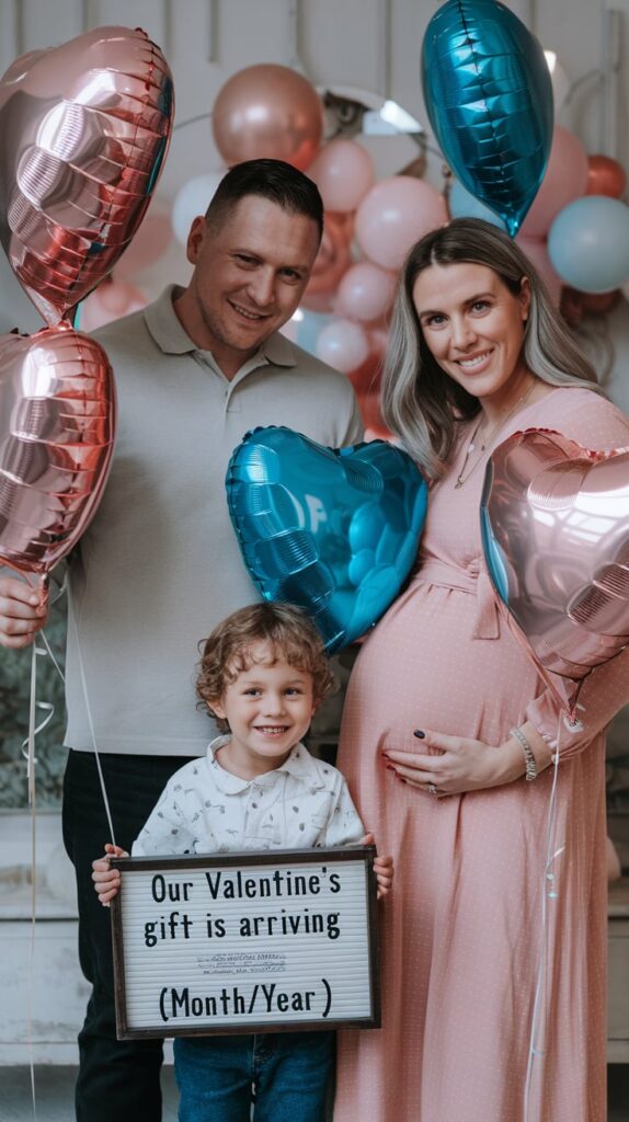 Heart-shaped pink and blue balloons with a sign announcing a Valentine's baby reveal