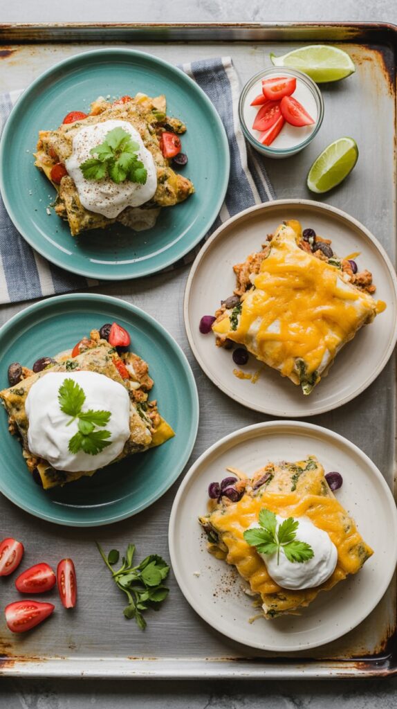 Four plated servings of chicken enchilada casserole variations arranged on a baking sheet, each topped with sour cream, cilantro, and fresh tomatoes, styled in bright natural light.