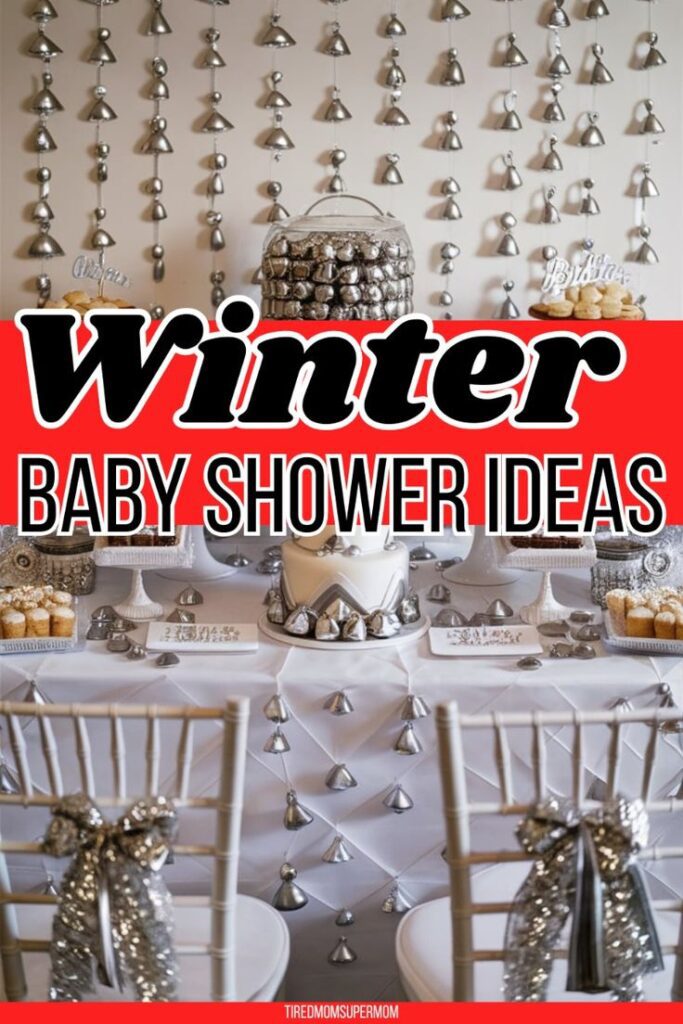 Elegant silver and white winter baby shower dessert table with bell garlands, metallic accents, and a tiered cake surrounded by sparkly treats