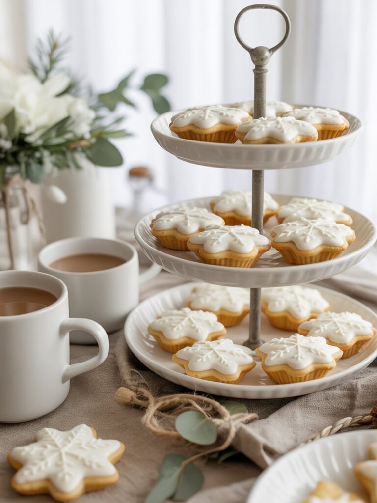 Winter baby shower dessert table with snowflake cookies, hot cocoa, and mini pies.