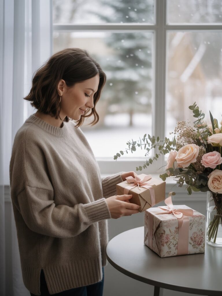Mom-to-be opening gifts at a cozy winter baby shower near a window with snow outside.