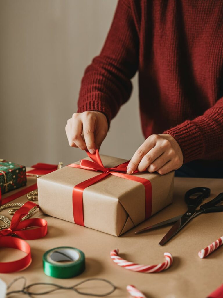 Hands wrapping a Christmas gift with ribbons and candy canes on a wooden table.