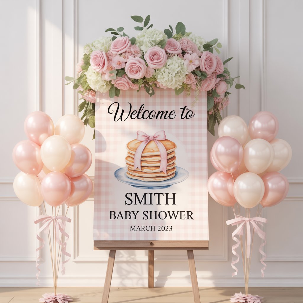 Baby shower welcome sign with pink and cream balloons and floral accents, featuring watercolor pancake artwork and elegant typography.