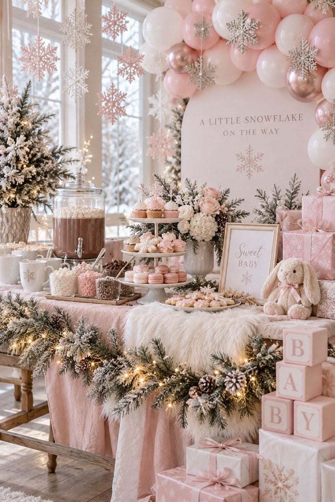 Winter pink baby shower table with pale pink linens, faux fur, silver snowflakes, and blush candles