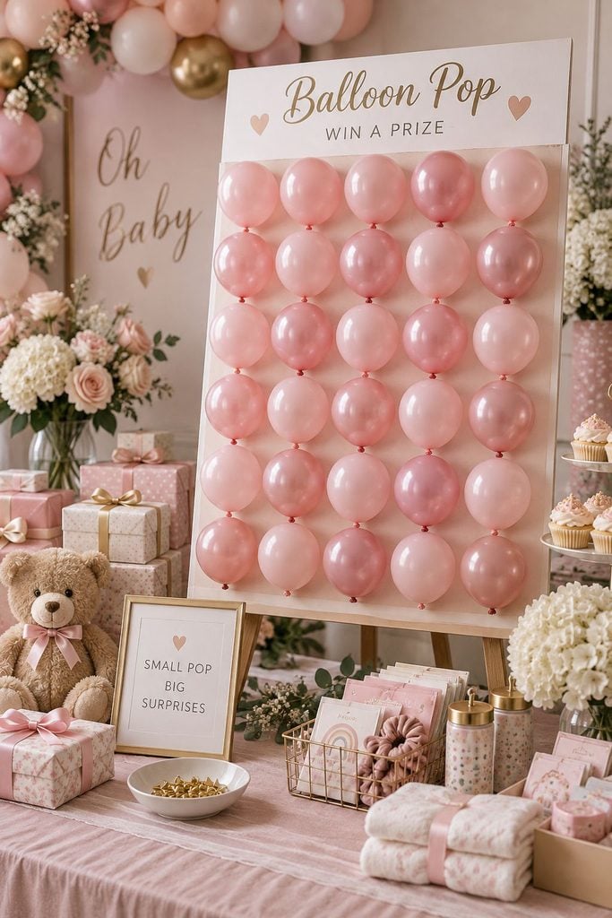 Pink balloon pop game for a baby shower with a prize slip folded inside each balloon
