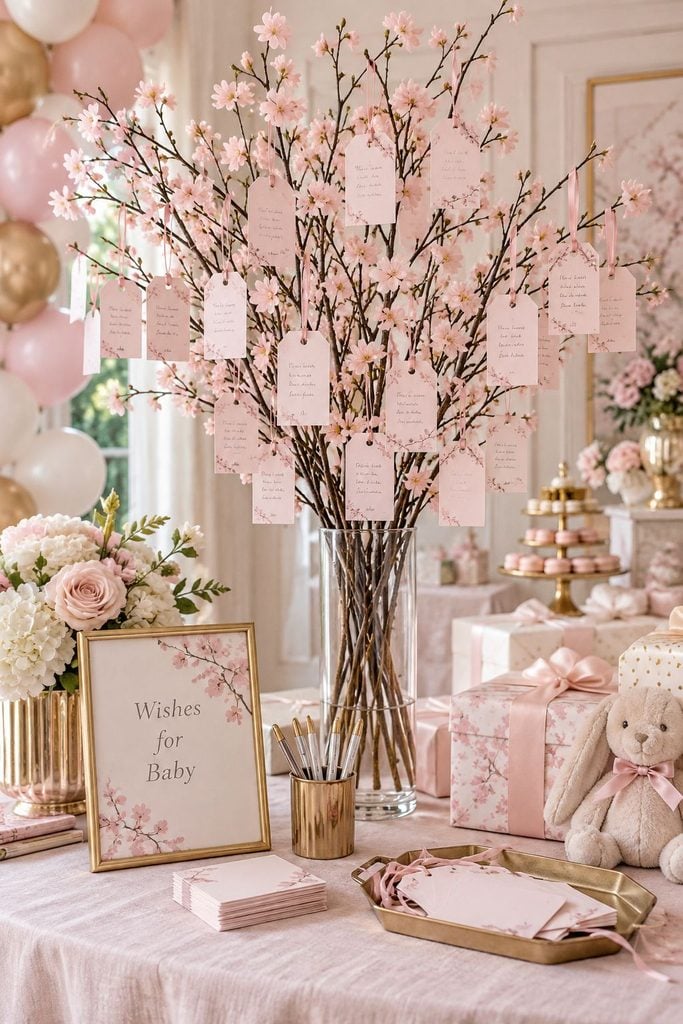 Wishes for baby cherry blossom branch in a tall vase hung with pale pink paper cards