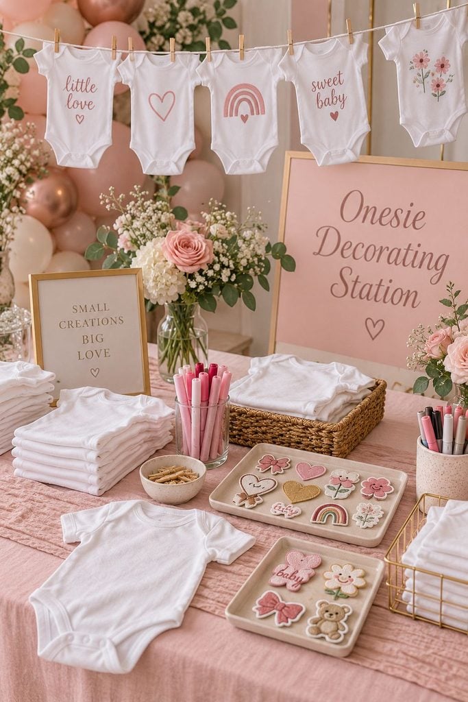 Baby shower onesie decorating station with white onesies, pink fabric markers, iron-on patches, and a clothesline