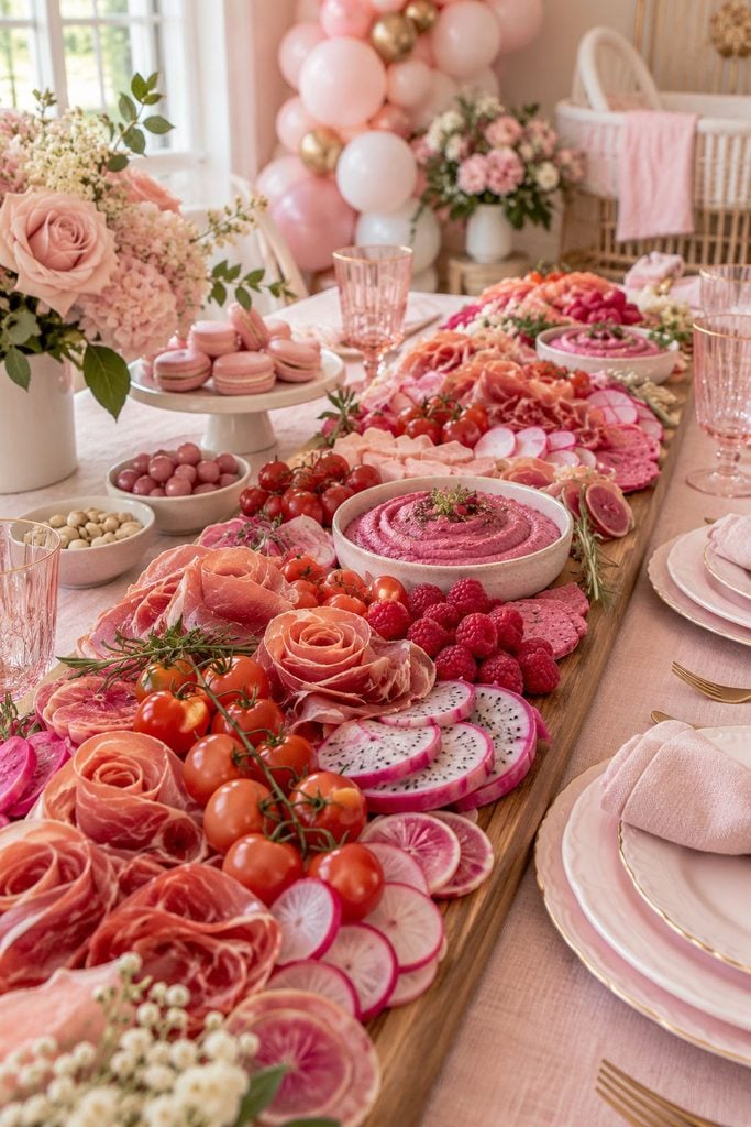 All-pink baby shower grazing board with prosciutto roses, sliced radishes, raspberries, and pink dragon fruit