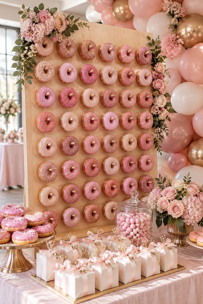 Pink glazed donut wall on a wooden pegboard surrounded by pink flowers for a baby shower