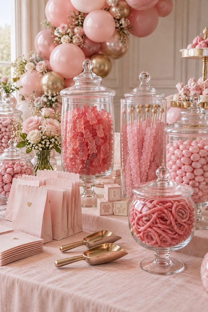 Pink candy buffet with apothecary jars of gummy bears, rock candy sticks, jelly beans, and strawberry laces