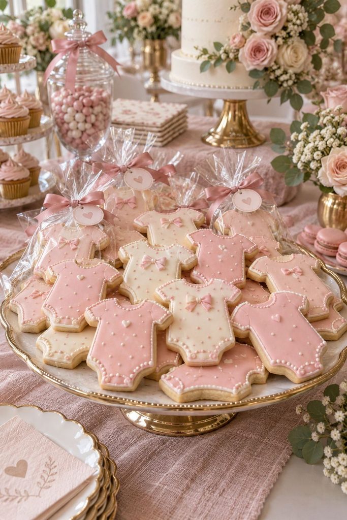 Onesie-shaped sugar cookies iced in pink royal icing with sugar pearls and tiny icing bows
