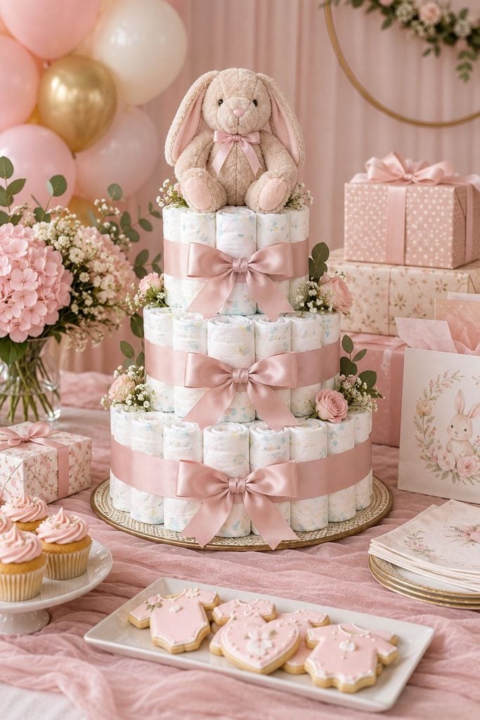 Three-tier pink diaper cake wrapped in ribbon and topped with a stuffed bunny as a baby shower centerpiece