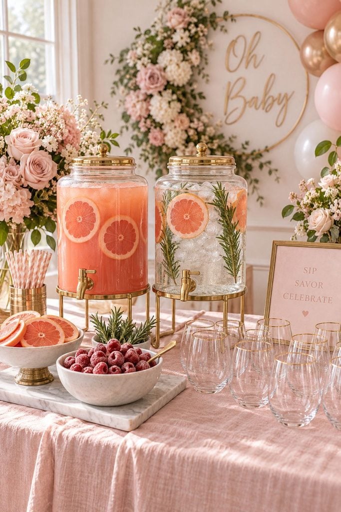 Pink grapefruit sparkling mocktail bar with glass dispensers, rosemary sprigs, and frozen raspberries