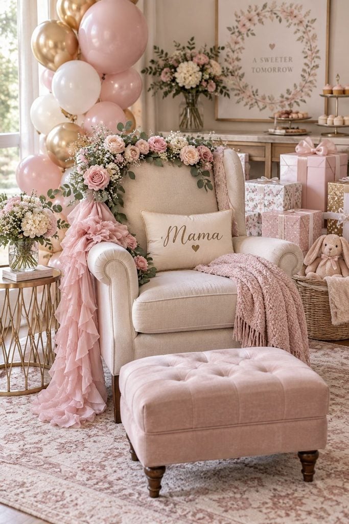 Baby shower mama chair draped with a pink ruffle sash and rose garland with a Mama sign