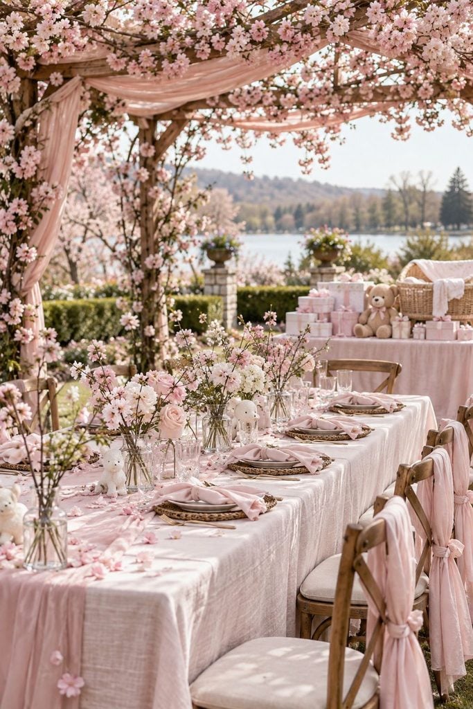 Baby shower table with blush velvet ribbon running between tall taper candles in brass holders at dusk