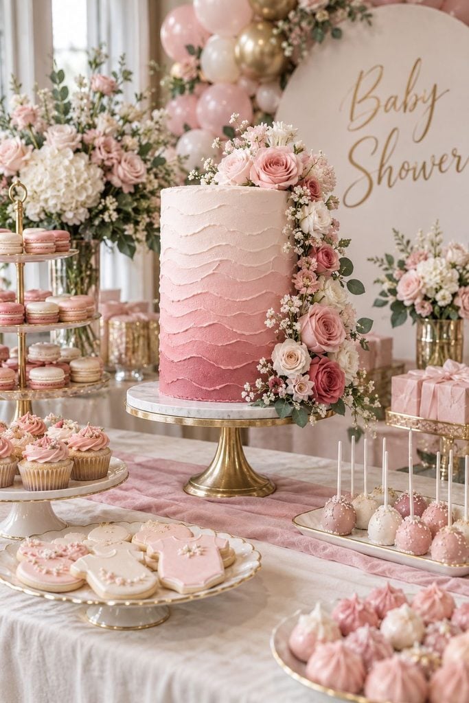 Pink ombre buttercream baby shower cake with soft swoops from blush to deep rose and fresh flowers