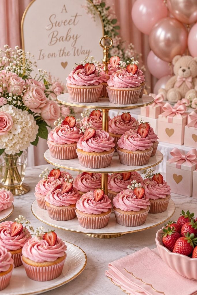 Strawberry cupcakes with tall rose-swirled pink frosting on a tiered stand for a baby shower