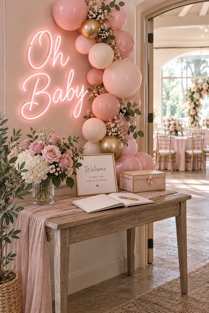 Soft pink Oh Baby neon sign above a baby shower welcome table with a guest book and flower arrangement
