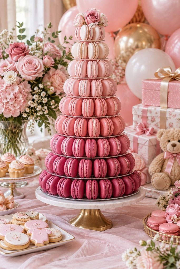 Tower of pink raspberry, rose, and strawberry macarons for a baby shower dessert table