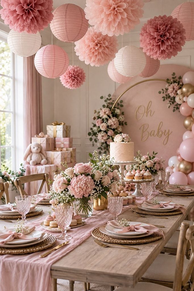 Blush, salmon, and rose tissue pom-poms and paper lanterns hanging at different heights from a baby shower ceiling