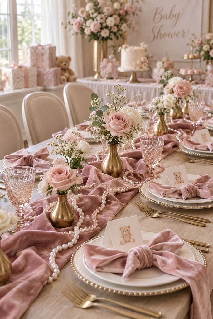Row of glass bud vases holding single pink carnations as a baby shower table runner