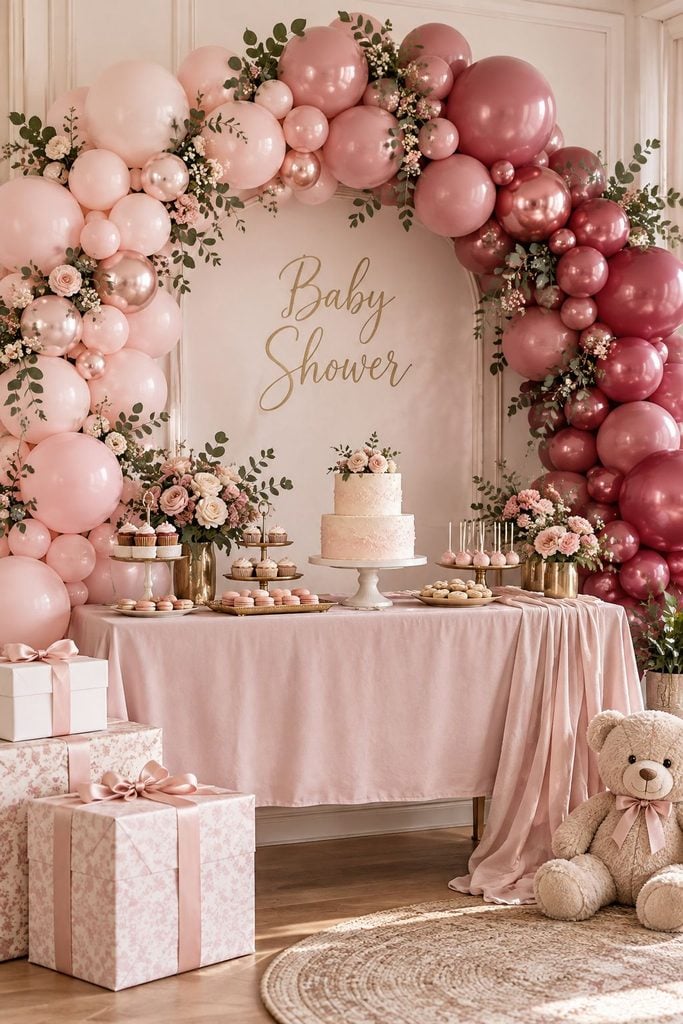 Pink balloon arch for a baby shower in five shades from pale blush to deep raspberry with faux leaves