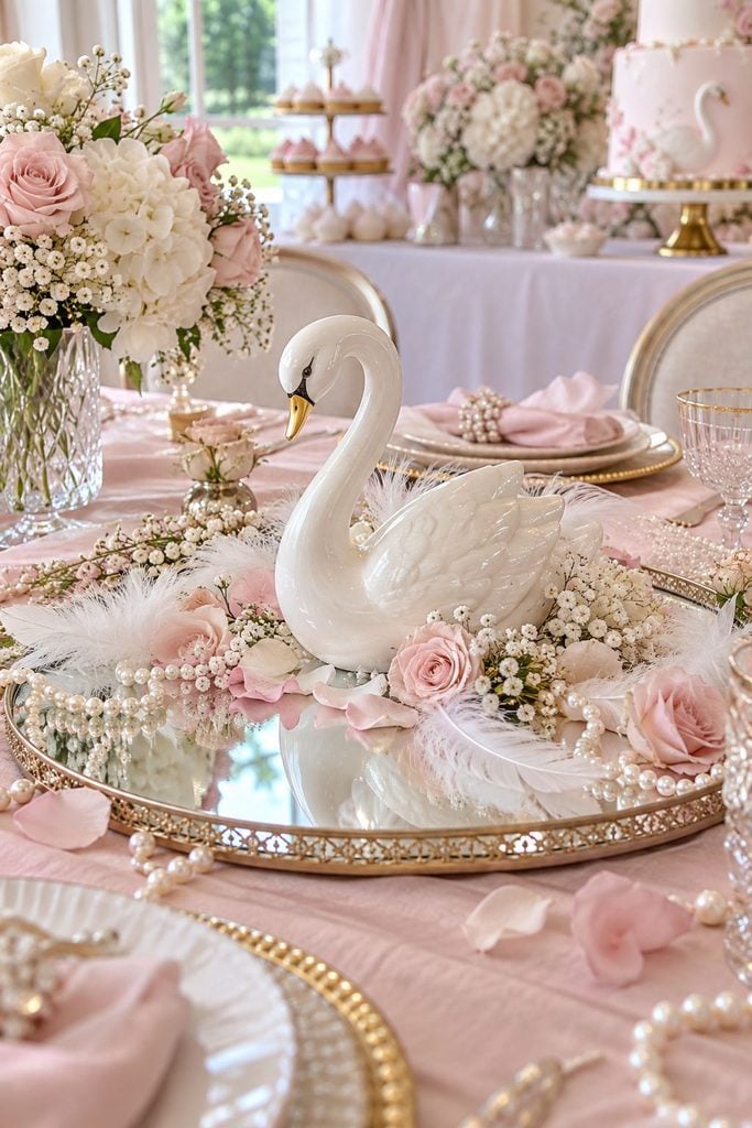Swan lake baby shower centerpiece with a mirrored tray pond, floating blush candles, and white feathers