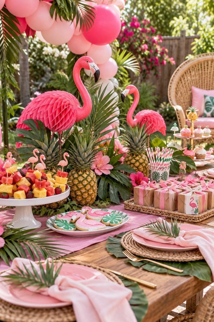Flamingo baby shower table with hot pink flamingos, palm leaves, and pineapple centerpieces