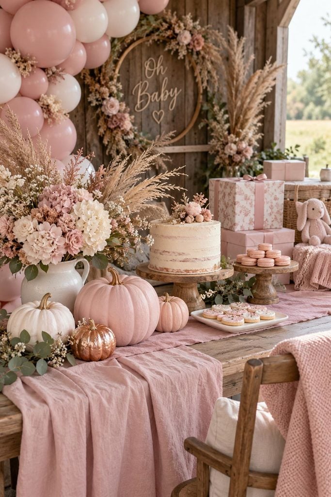 Fall baby shower table with blush and white pumpkins, dried pampas grass, and copper accents