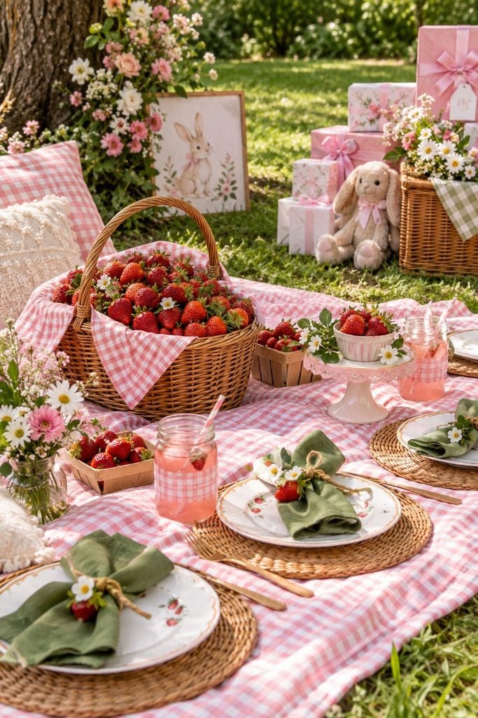 Strawberry picnic baby shower with pink gingham blankets, wicker baskets of strawberries, and leaf-green napkins