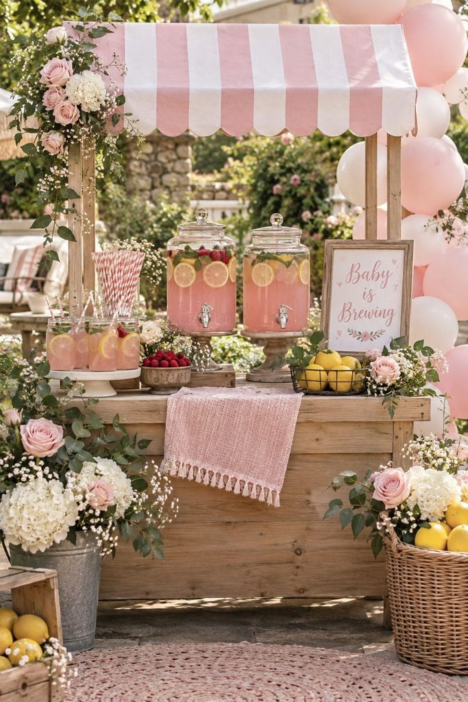 Pink lemonade stand baby shower with a striped awning, glass dispensers, lemon slices, and a chalkboard sign