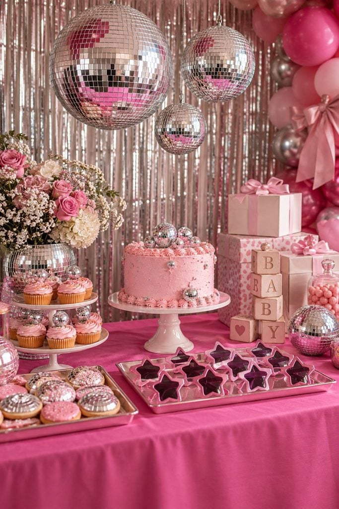 Disco ball baby shower with mirror balls over a hot pink table and a silver fringe curtain backdrop