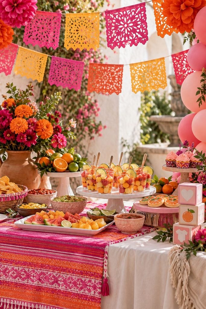 Fiesta baby shower with magenta and orange papel picado banners and tissue paper flowers over a snack table