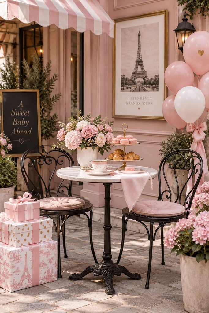 Pink Paris café baby shower bistro table with macarons, black wrought-iron chairs, and a striped awning