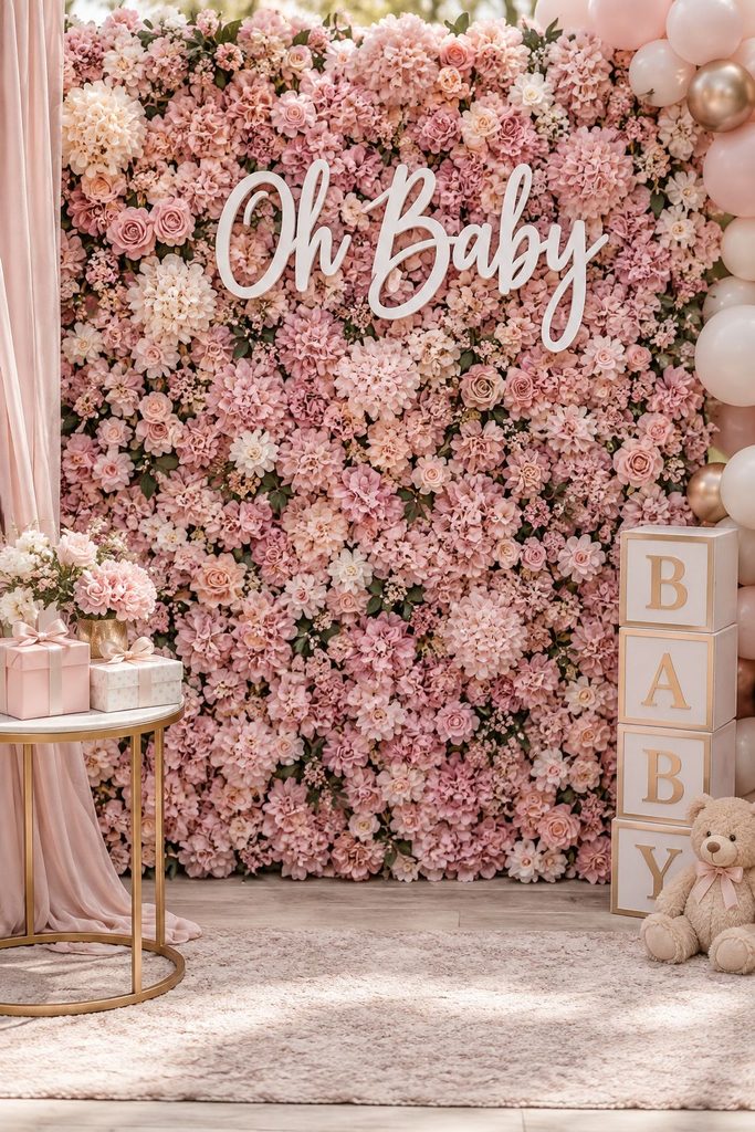 Pink faux flower wall baby shower photo backdrop with hydrangeas, roses, and white Oh Baby letters