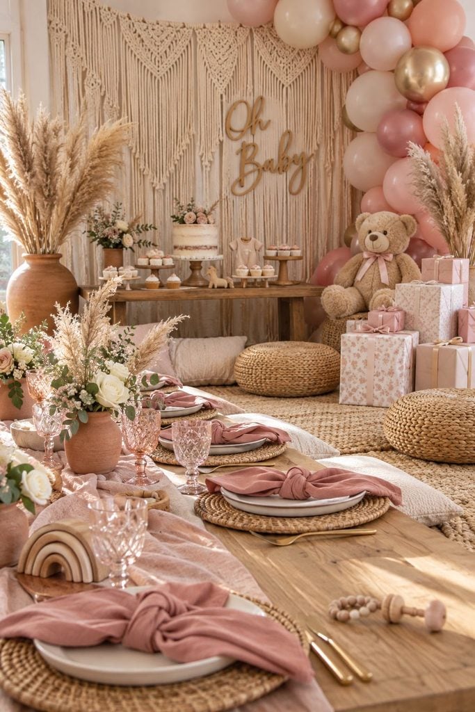 Dusty rose boho baby shower setup with pampas grass, terracotta vases, rattan chargers, and a macramé hanging